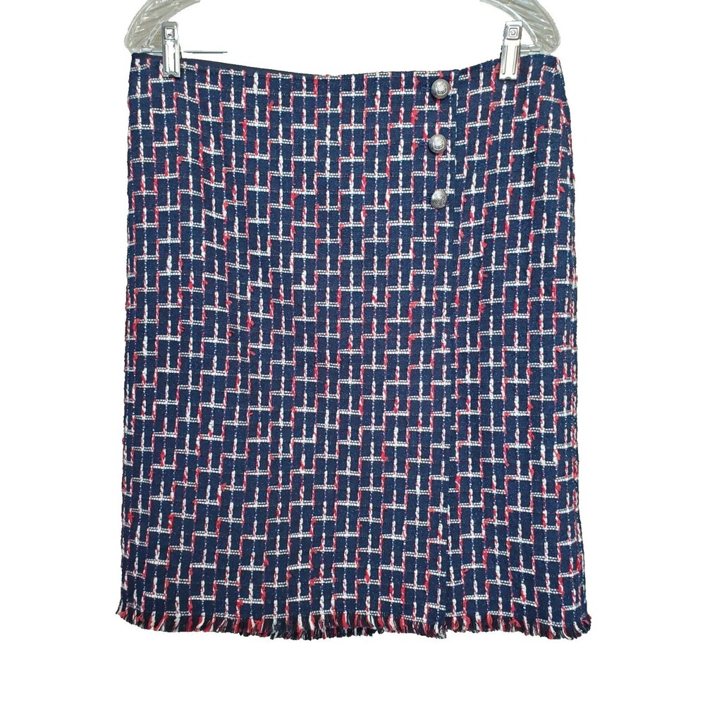 TALBOTS Petite Boucle Tweed Fringed Button-Accent Back-Zip Lined Skirt 12P NWT